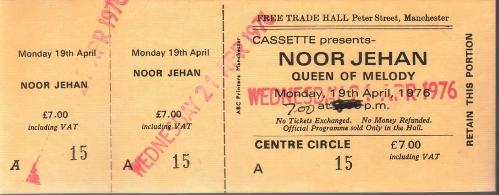 Top Pick Noor Jehan - Free Trade Hall Manchester 19Th April 1976 - Ticket